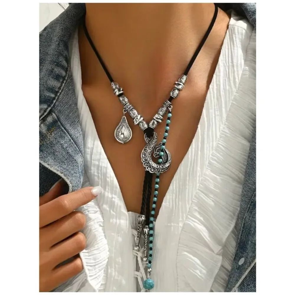 Vintage Bohemian Turquoise Bead Statement Lariat Necklace Western Boho Silver De